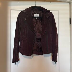 BCBG generation suede jacket with zippers maroon burgundy peplum moto